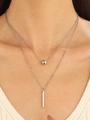 Minimalist silver double-layered necklace featuring a round bead and vertical bar pendant - Silver Bead & Bar Style (6102)