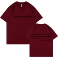 T-shirt femme en coton bordeaux avec imprimé 'you are enough' et col rond classique - S / Hauts / Bordeaux