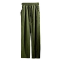 Detail view of olive green wide-leg trousers featuring vertical pleated texture and drawstring - S / Army Green
