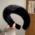 Thick black faux mink fur headband with soft plush texture for winter hair styling - Wide Headband / Black