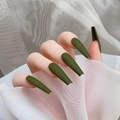 Detail view of matte olive green coffin fake nails with a textured frosted finish - Olive Green-Glossy(CBL-25)