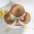 Handmade straw sun hat with white lace bow and wavy brim in khaki for women - L (58-60cm) / Scalloped Edge Lace Khaki