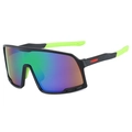 Matte black cycling sunglasses with rainbow lens and neon green non-slip rubber tips - Black Green Frame Green Mirror