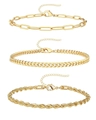 Three gold layered bracelets set featuring paperclip, Cuban and twisted rope chain styles - Golden Paperclip, Cuban and Twist Chain Set