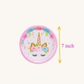 Close-up of 7-inch rainbow unicorn party paper plate with gold glitter details - Small Rainbow Unicorn Plates