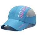Sky blue quick dry baseball cap with breathable gray mesh and pink sports print - Lake Blue / Adjustable