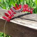 Detailed view of red crystal moon crown headband with silver filigree on wood surface - Deep Red Crystal with Silver Wire & Moon