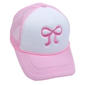 Pink and white mesh trucker hat featuring delicate bow embroidery and breathable design - Adult(56-60cm) / Pink + White