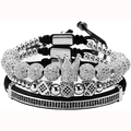 Men's 3-piece bracelet set featuring crown bead, geometric charms and black moon crescent cuff - Silver Set 3pcs (Crown + Cube + Tube)