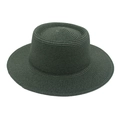 Detail of dark green straw hat featuring flat top and wide brim in woven texture - One Size / Dark Green