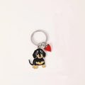 Metal dachshund keychain with black enamel puppy and small red heart charm pendant - Fat Dachshund + Red Heart