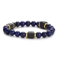 Lava stone bead bracelet with navy blue glass beads and gold spacers on white background - Dark Blue With Gold Spacers