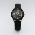 Close-up of black dial with gold heart detail and leather strap on retro quartz watch - Black Silicone Strap