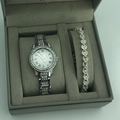 Coffret cadeau montre argentée et bracelet cœur sertis de strass pour femme - A11 Argent + Ensemble 3 Diamants Argent (Sans Boîte)