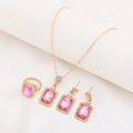 Pink rectangular gemstone jewelry set in gold finish with necklace, earrings and ring - Pink (Set)