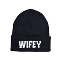 Classic black knitted beanie with white 3D fleece WIFEY embroidery on folded cuff - One Size / Black