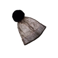Metallic bronze knitted beanie featuring a large black faux fur pompom for a hip-hop look - One Size / Rose Gold