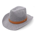 Fashionable light gray knitted fedora hat with brown leather band and golden buckle - M (56-58cm) / Gray