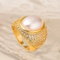 Luxury 18K gold plated ring with large oval pearl and pave-set zircons in retro geometry - Wide Band Oval Pearl Style (14590)