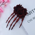Gothic hair clip with dark red dual roses and skeleton hand bones for Halloween - Red Twin Flowers / Red