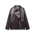 Giacca da motociclista oversize in pelle lucida marrone scuro con colletto e tasche ampie - S / caffè