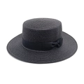 Detailed view of the fine straw weave and black grosgrain ribbon on the flat top boater hat - M (56-58cm) / Black