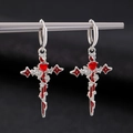 Gothic silver earrings with red heart, rose, and cross featuring thorn chain details - Bright Silver Cross Red Heart Rose (S266)