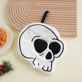 Halloween skull hand towel in white coral fleece with black hanging loop for kitchen decor - White Skull