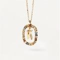 Gold letter K necklace with colorful zircon stones in oval pendant for women - Gold K