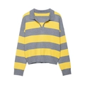Close-up of grey and yellow striped knit sweater featuring a V-neck polo collar and ribbed cuffs - S / Yellow and Grey