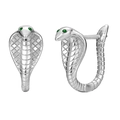 S925 sterling silver cobra snake hoop earrings with green gemstone eyes on white background - Snake Ear Buckle (E2204) / 925 Silver