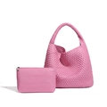 Pink woven leather hobo bag and matching zip pouch set in minimalist design - Rouge Pink