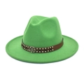 Detail of green fedora hat featuring a brown leather band with silver studs and badge - M(56-58cm) / Grass Green