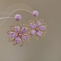 Detailed close-up of purple flower earrings with gold trim and woven petal texture - 45# 925 Sterling Silver Earring Post-Purple-Metal Woven Petal (HE24970)