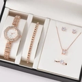 5-piece rose gold quartz watch set with crystal bracelet, necklace, earrings and ring - Rose Gold Set 9 (Orange Box)