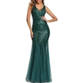 Emerald green sequin evening gown with V-neck, mermaid silhouette and mesh hem - US size 2 / Green