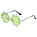St. Patrick's Day green shamrock sunglasses with silver metal frame in a side view - Four-Leaf Clover Silver Frame Light Green