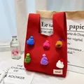 Red knit handbag with colorful mini beanies decor for casual everyday commute - Colorful Hat With Red Base