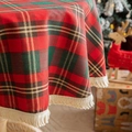 Red and green plaid Christmas tablecloth with gold threads and beige tassels - Large Red Checkered Circle (including Tassel Trim)