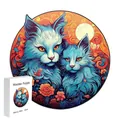 Irregular round wooden puzzle featuring blue cats design with art box for kids and decor - F03 Art Cat - Size S
