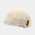 Beige canvas brimless docker hat with a brown leather patch and adjustable strap - Adjustable / Vertical Letter Patch Beige