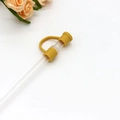 Reusable glass straw with yellow silicone dust cap and protective ring - Khaki