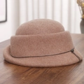 Detail of wool felt cloche hat with rolled brim and grey metallic bead chain trim - M / Mixed Camel