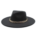 Classic black wool felt fedora with a wide brim and decorative gold chain accent - M (56-58cm) / Black
