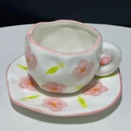 Hand-painted ceramic tulip coffee cup and saucer set with pink flowers and green leaves - Flower Cup & Saucer