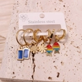 Three-pair set of stainless steel earrings with sun flower and enamel charm pendants - Style 12
