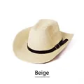 Men's foldable beige straw sun hat with black leather band and wide brim for beach - Adult (57-60cm) / Beige