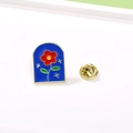 Enamel lapel pin featuring red flowers and green leaves on a dark blue arched background - Floral Arch (CZ0577)