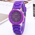 Detailed close-up of purple silicone strap and gold bezel on Geneva quartz watch - Purple
