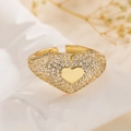 Gold-plated heart ring with white zirconia pave setting and adjustable open design - Adjustable Open / Open Micro-set (14433) / Gold Heart Style